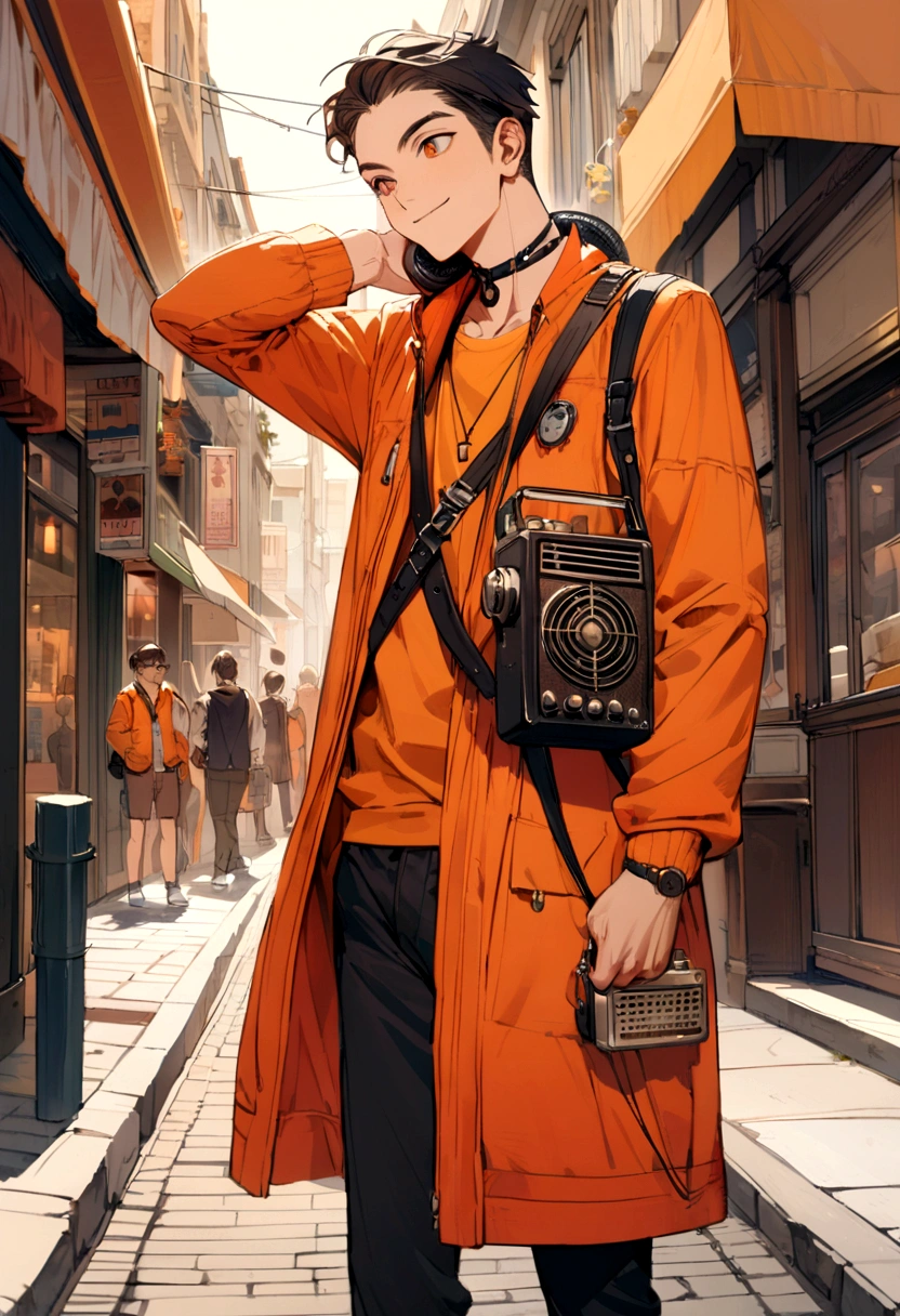 A full body image of a youth guy wearing an orange jacket and short trousers, holding a radio on his neck and a little  smile on the streets 