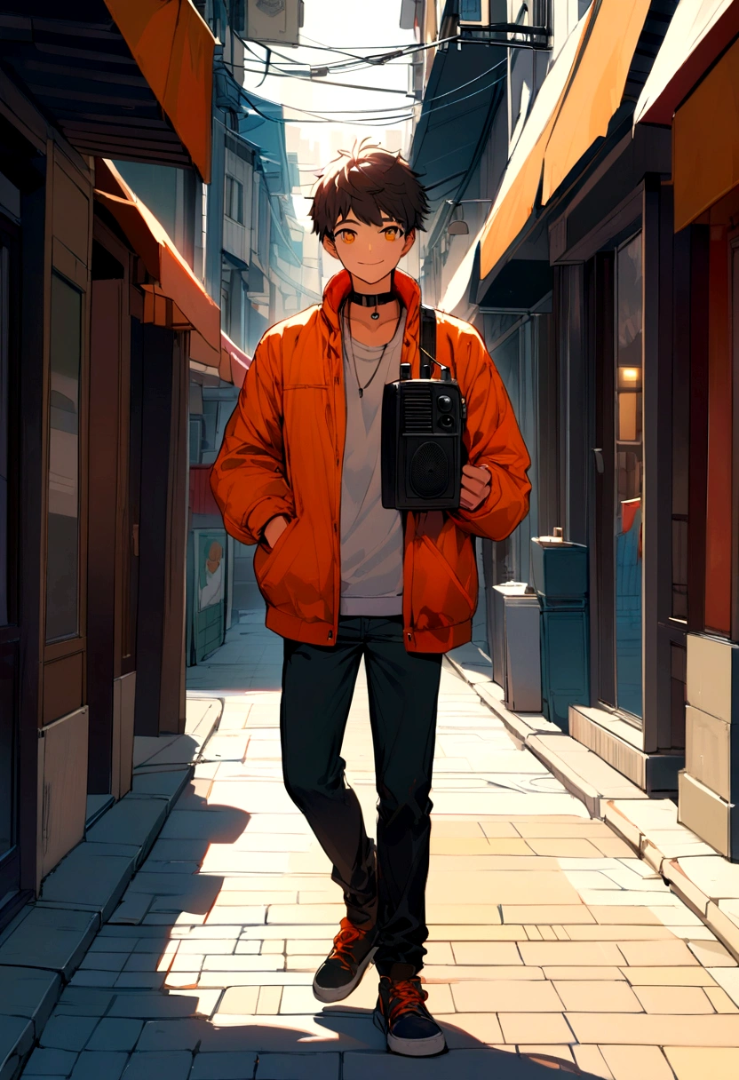 A full body image of a youth guy wearing an orange jacket and short trousers, holding a radio on his neck and a little  smile on the streets 