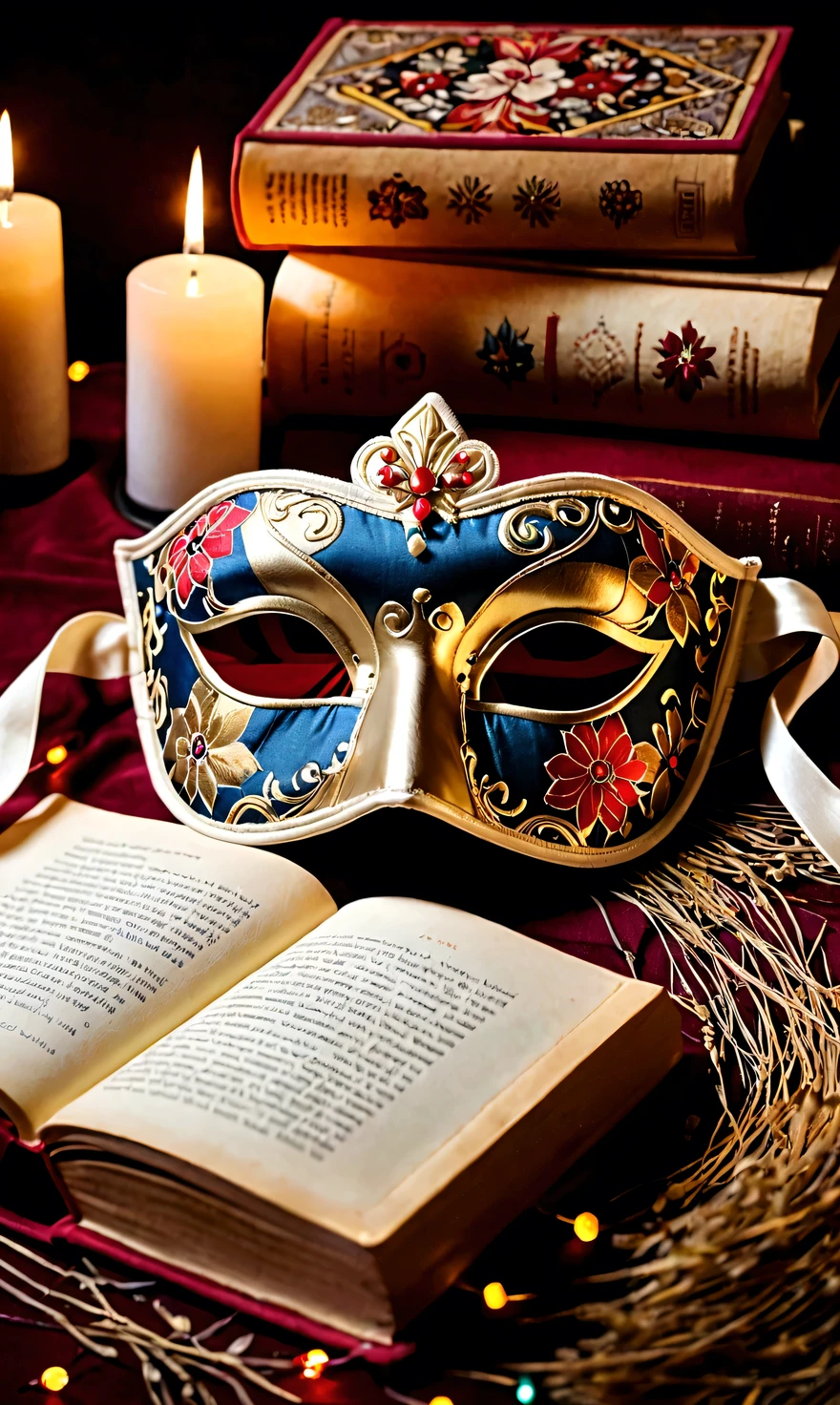 Cotton eye mask, vintage old detailed patchwork fabric cotton eye mask, intricate textiles, intricate artwork, eye mask, masquerade mask, vintage, Russian style, background: very old books, dead grass, holiday lights