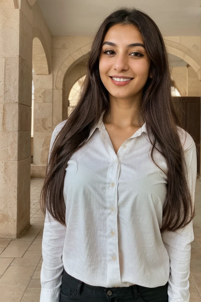 24YO, one attractive Jordanian women, cute smile, white teethes, long dark green shirt, light brown eyes, small nose, black/brown long hair