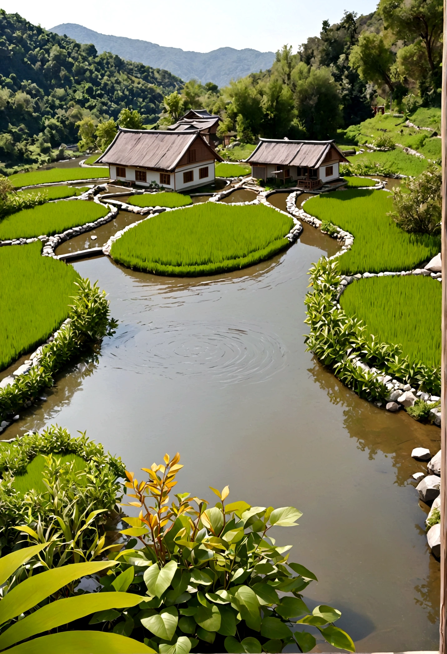 There is a photo of a house in the middle of a river, creek flowing through the house, Terraced orchards and ponds,  There is a small river next to it, River in the background, River with low hanging plants, Very close to real nature, Country Style!!, Real images