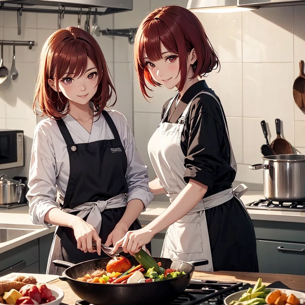 Two beautiful young women, Anime Style, Detailed face, Redhead, Red eyes, Delicate features, Soft lighting, Wear casual clothes and an apron, Cooking dinner together in a modern kitchen, Person cutting vegetables, The other one is stirring the pot., Warm and cozy kitchen lighting, Relaxed and happy look, Dynamic pose, Japanese Anime Style, high quality, Very detailed, 8K resolution, Cinema Lighting, 最high quality, Vibrant colors, Instagrammable, beautiful, trend