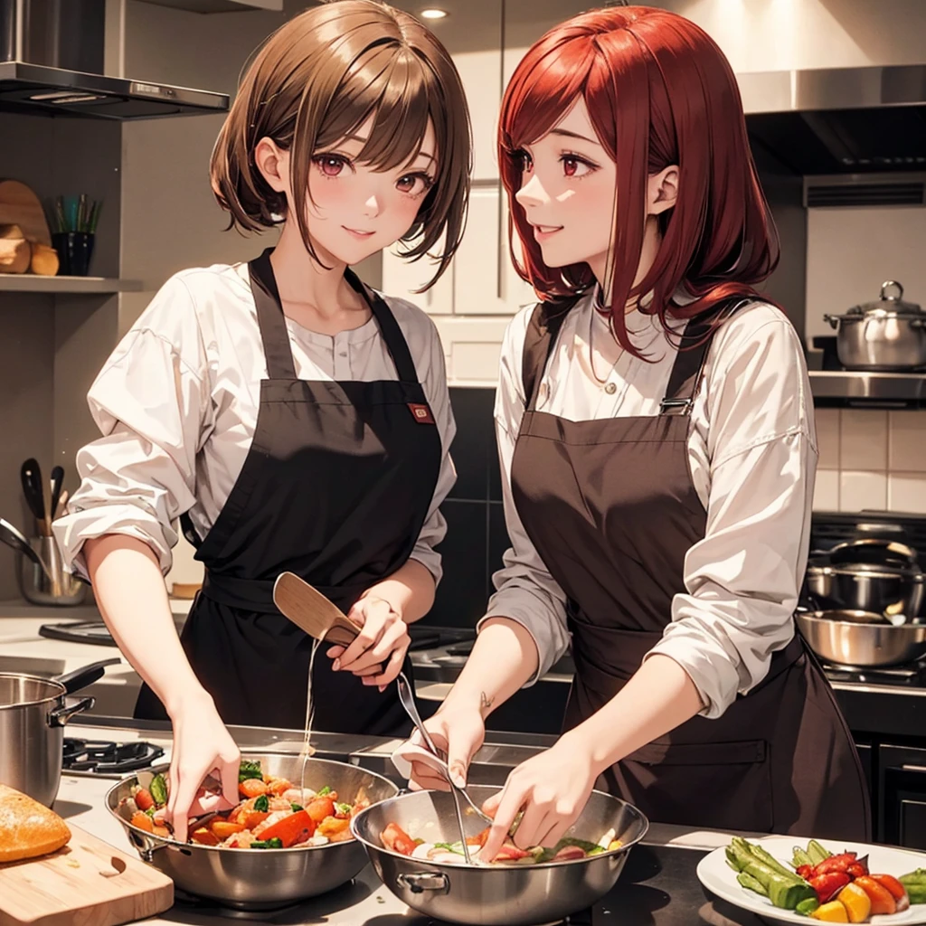 Two beautiful young women, Anime Style, Detailed face, Redhead, Red eyes, Delicate features, Soft lighting, Wear casual clothes and an apron, Cooking dinner together in a modern kitchen, Person cutting vegetables, The other one is stirring the pot., Warm and cozy kitchen lighting, Relaxed and happy look, Dynamic pose, Japanese Anime Style, high quality, Very detailed, 8K resolution, Cinema Lighting, 最high quality, Vibrant colors, Instagrammable, beautiful, trend