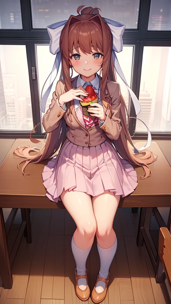 1girl, solo, small breast ((monika from doki doki literature club)) mouth closed, happy, in the classroom alone, detailed light, , full body view young, young body, eating strawberrie ice cream