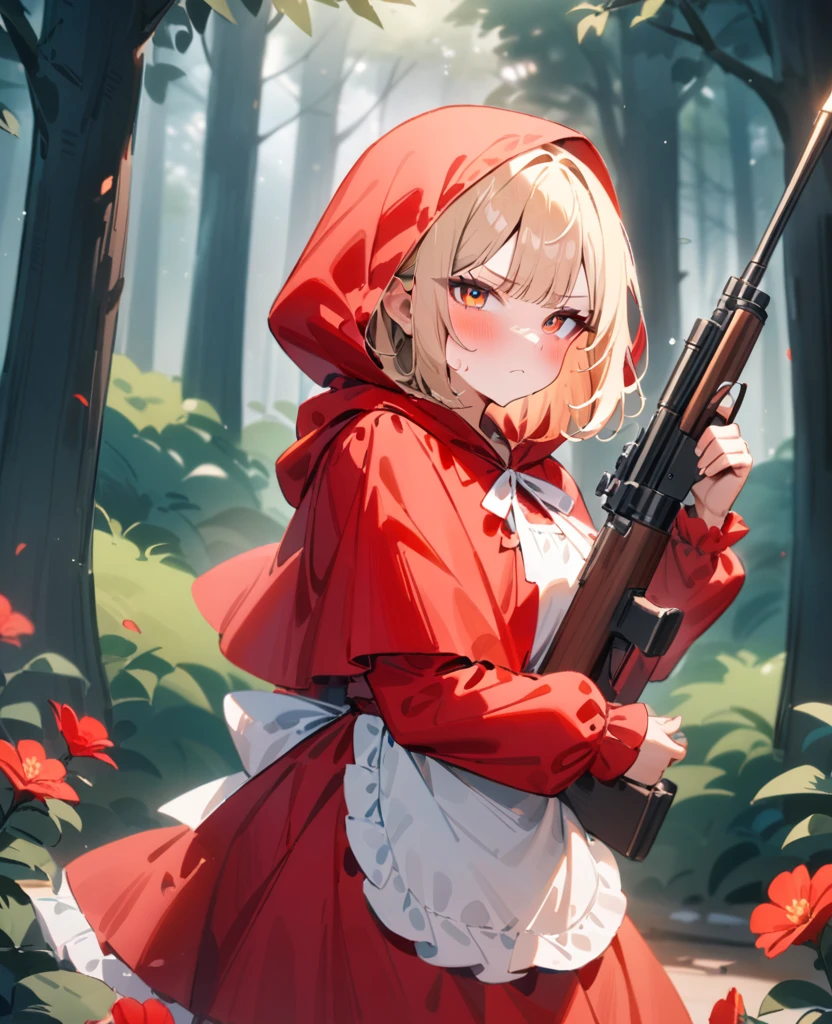 masterpiece, best quality, very aesthetic, absurdres, newest, 1girl, solo, looking at viewer, blush, nervous, v-shaped eyebrows, short hair, blunt bangs, blonde hair, red eyes, long sleeves, dress, holding, standing, closed mouth, weapon, flower, outdoors, hood, forest, holding weapon, apron, orange eyes, capelet, red skirt, red dress, hunting gun, plant, red flower, hood up, multicolored eyes, holding hunting gun, red capelet, little red riding hood \(grimm\)