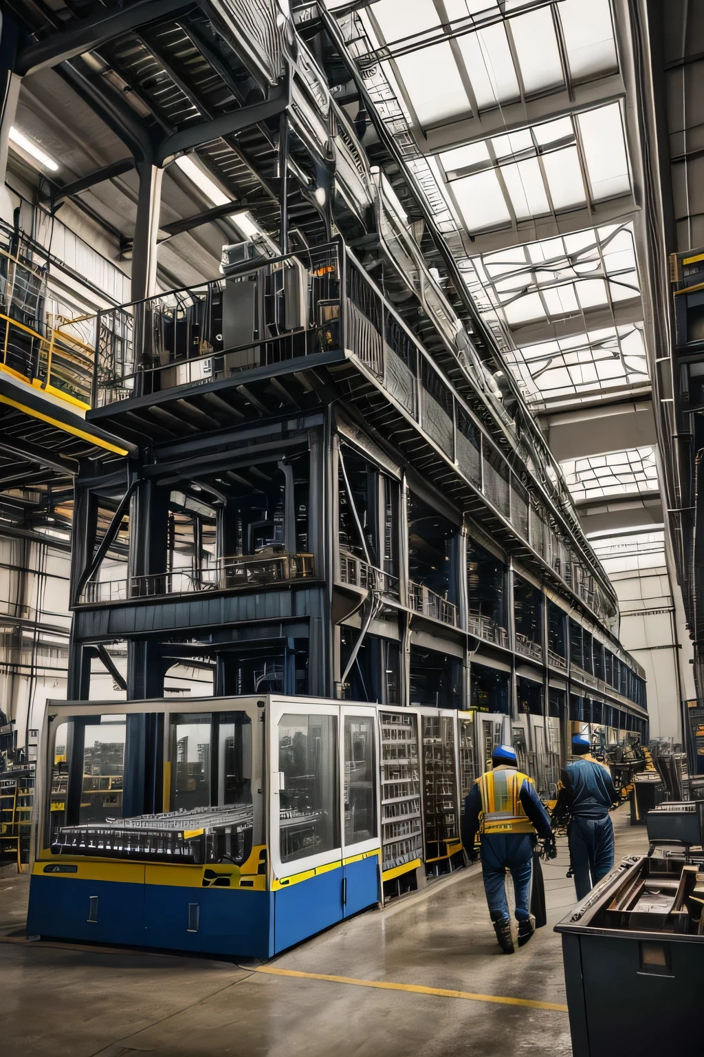 A stunning, realistic image of a heavy industrial machine in full operation within a bustling factory. The machine, with its shiny, metallic surface and complex mechanical structure, is designed for producing bottles and other goods. In the background, there are additional machines and workers in protective gear, all contributing to the production process. The ambiance is a blend of industriousness, efficiency, and the hum of mechanical activity.