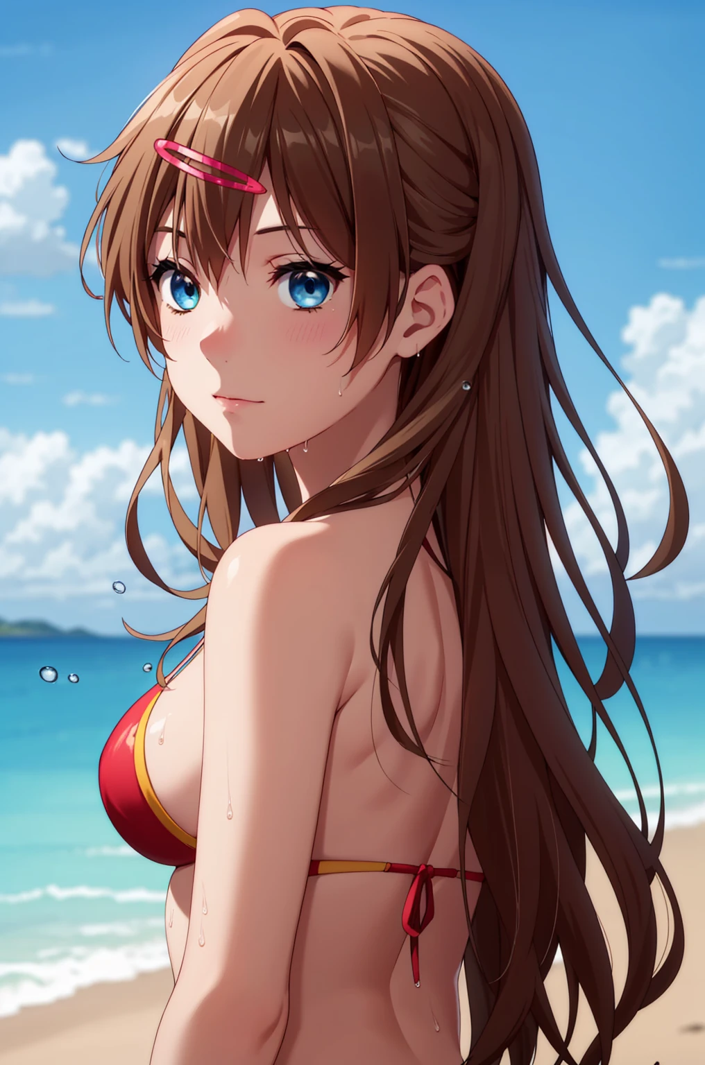 ((masterpiece, Highest quality, High resolution, UHD, Pixel perfect, Depth of written boundary, 4K, rtx, HDR)), 1 Girl, single, alone, 24-years-old, Beautiful Anime Girls, Beautiful art style, anime character, ((Parted bangs, Brown Hair)), (blue eyes、Round eyes, Delicate eyelashes、Beautiful eyelashes, Perfect Eyes), (Detailed face:1.2), (Smooth texture:0.75, Realistic texture:0.65, Realistic:1.2, Cinematic, Anime CG Style), Perfect body, Ocean:1.3、Moderately good breasts:1.7、Red Micro Bikini Swimsuit:1.8、Visible from the thighs:1.9、Wet、Water Drop、Splash、nsfw、visible from below、Seen from behind