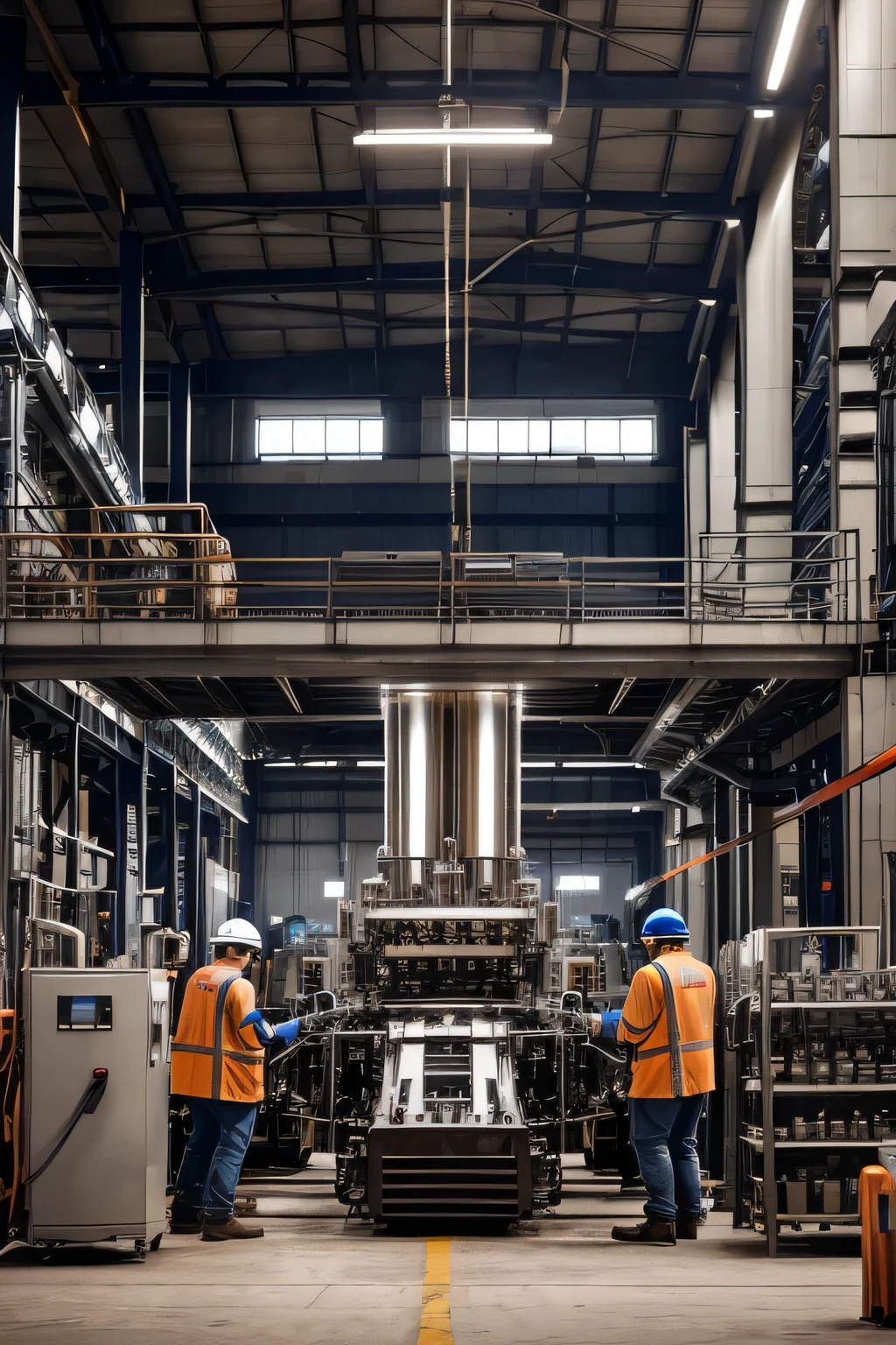 A stunning, realistic image of a heavy industrial machine in full operation within a bustling factory. The machine, with its shiny, metallic surface and complex mechanical structure, is designed for producing bottles and other goods. In the background, there are additional machines and workers in protective gear, all contributing to the production process. The ambiance is a blend of industriousness, efficiency, and the hum of mechanical activity.