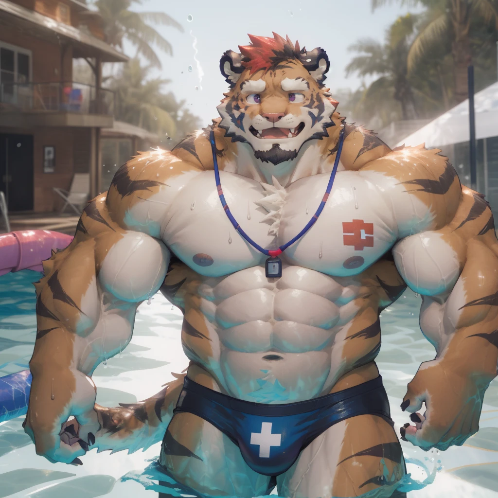 masterpiece, best quality, 8k resolution, Very detailed, hairy,tiger,((red hair)),muscle,Strong,超大muscle,((Sweating)),(((Purple Eyes))),For the audience,(((Lifeguard))),portrait,(((Shirtless))),(Highest quality scene),(((Erotic panties))),(((Nautical Mile))),(((smiling))),(((Crotch bulge))),(((Ultra clear eyes)),(((Blushing))),((Solitary)),((whole body)),(((Sunlight))),(((Swimming style))),((Mature)),(((Uncle))),(((Orange fur)))