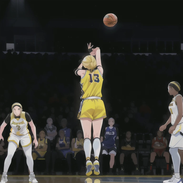 arafed female basketball player in yellow uniform reaching up to hit a ball, emma watson as a tall nba player, jordan lamarre - wan, long shot from back, cover shot, bottom angle, center focused, full height, taken in the early 2020s, ( ( emma lindstrom ) ), far - mid shot, middle shot