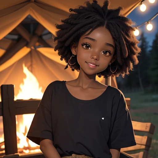 masterpiece, best quality), deep ebony 1girl, beautiful face, short Afro braids , cute, , beautify, Lofi vibe,, cute night vibe, concentrated, hands outside of the picture , chill clothing, cute look, clothing is dry and baggy, small breasts, teen vibe, cute smile, outside, camp fire