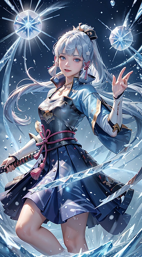 ((kamisatoayakadef)),1 Anime Girl, Warrior, Realistic people,Realistic, beautiful, smile, elegant, Majestic, Splash Art, Particles of light, Diamond Blade, (Cold Energy, Cold Blast, cold water: 1.4) Dynamic pose, ((Japanese Sword,Grab your sword))((Holding a sword)),milky way, (Fractal Art:1.1), (colorful:1.1),(iceの花:1.4), (Spiral Splash), Most detailed,(Tangled:1.1),(抽象的なbackground:1.1), (Shiny skin), (Many colors:1.4), Ultra-high resolution, retina, masterpiece, Accurate, Anatomically correct, texture.(background:ice-flurry, snow,ice-shard, ice, crystallization)
