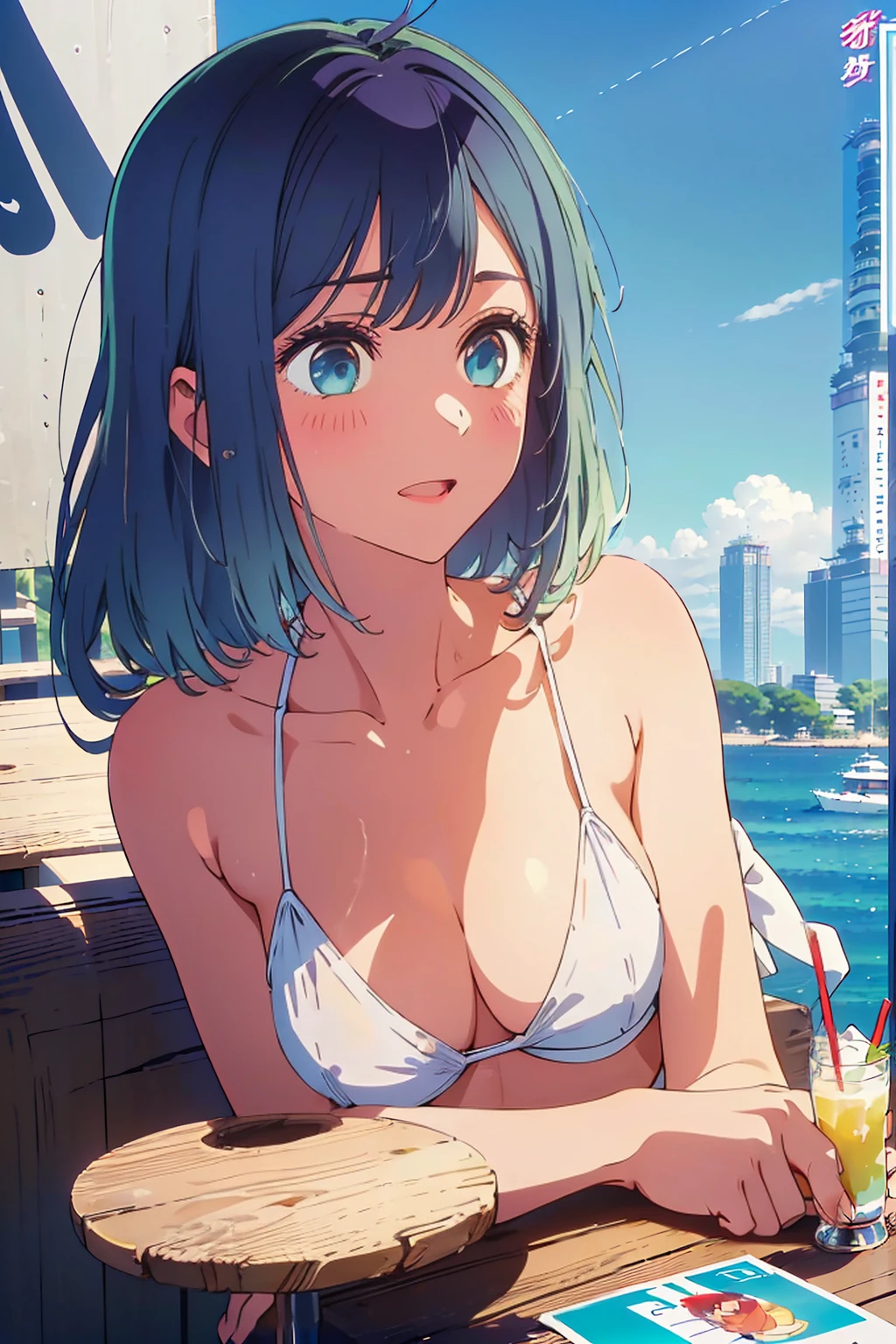 Highest quality,8k,detailed,F cup bust、Big Breasts、Slim and beautiful arms、Slim body、Very white beautiful skin、((((1 person、smile、Thin white bikini、smile、sit、In the background are the urban buildings of Tokyo、Outdoor café terrace、Drink juice、Cheek resting on hand、coastal、table、looking at the camera、Shooting from an angle、Very cute face、Looking up、Shooting from a distance、Navy hair color))))、Sexy pose、Very blue sky、A completely cloudless sky、She tilted her head slightly、The atmosphere is bright and lively、The woman is at the center of the image。