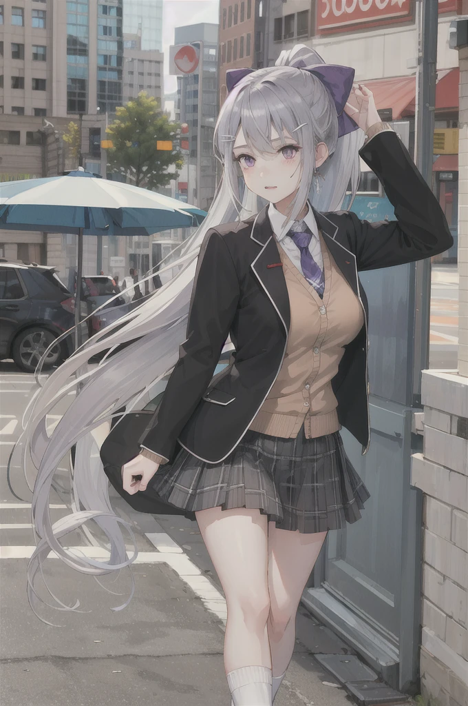 masterpiece, Highest quality, High resolution, higuchi kaede, One girl, Virtual YouTuber, alone, Long Hair, Mole under the eye, skirt, tie, Jacket, Purple eyes, socks, ponytail, hair ornaments, white bow, hair bow, bow, blazer, very Long Hair, purple tie, pleated skirt, white socks, Hair Clip, Open clothes, cardigan, , Knee-high, Grey Hair, black Jacket, shirt, collared shirt, Plaid, open Jacket, bangs, Plaid skirt, miniskirt, tachi-e, white shirt,Bra and pants are visible, Long sleeve,grey skirt, 凄く短いskirt,Too big breasts, Tight clothes,Plaid tie, Are standing, Cowboy Shot, Scorned face,