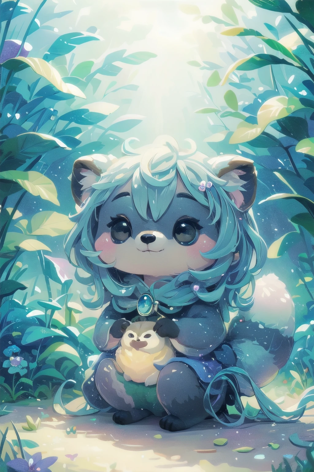 Cute raccoon in a surreal, dreamy fantasy scene、Detailed digital illustration、8K、Very detailed、Very realistic、Photorealistic、Bright colors、Dramatic lighting、Intricate details、Whimsical、magical realism、Soft pastel tones、Shine、Ethereal、Mysterious、Mysterious、Imaginative、Conceptual