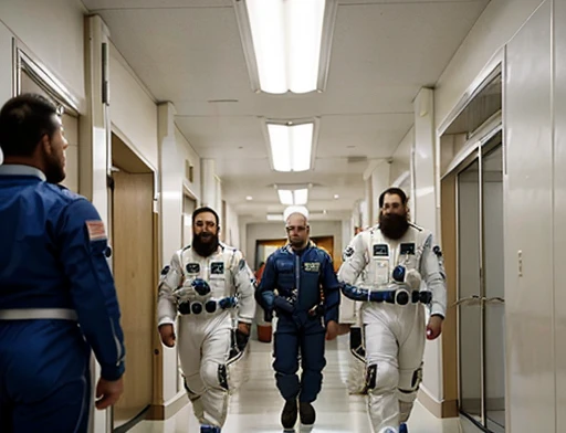 Photograph Close view of 5 Astronauts are walking in a corridor of the spaceship with General Carlos . General Carlos has a large, voluminous white beard, he has a general's hat on his head, he wears a modern uniform, he is gesturing with his hands to the spectators, he is plump, chubby, extremely thick thighs, large belly, fat, age 65, he holds a mug of hot coffee