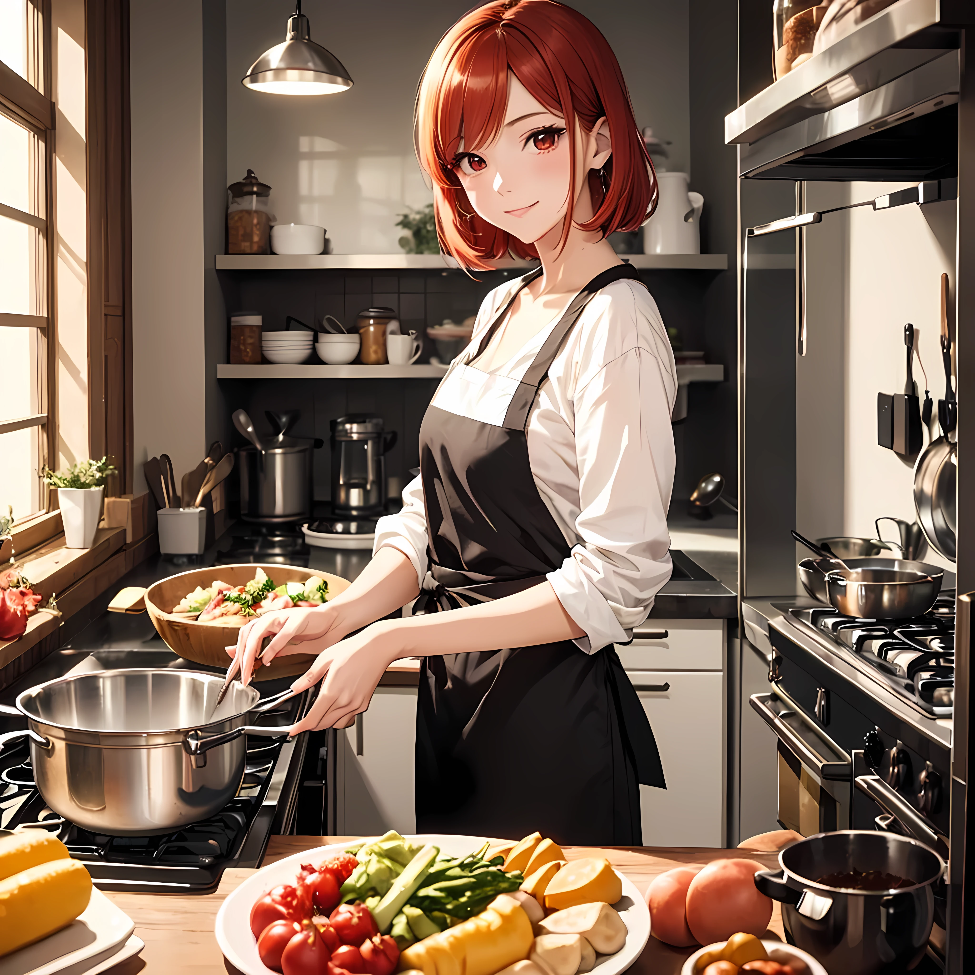 Two beautiful young women, Anime Style, Detailed face, Redhead, Red eyes, Delicate features, Soft lighting, Wear casual clothes and an apron, Cooking dinner together in a modern kitchen, Person cutting vegetables, The other one is stirring the pot., Warm and cozy kitchen lighting, Relaxed and happy look, Dynamic pose, Japanese Anime Style, high quality, Very detailed, 8K resolution, Cinema Lighting, 最high quality, Vibrant colors, Instagrammable, beautiful, trend