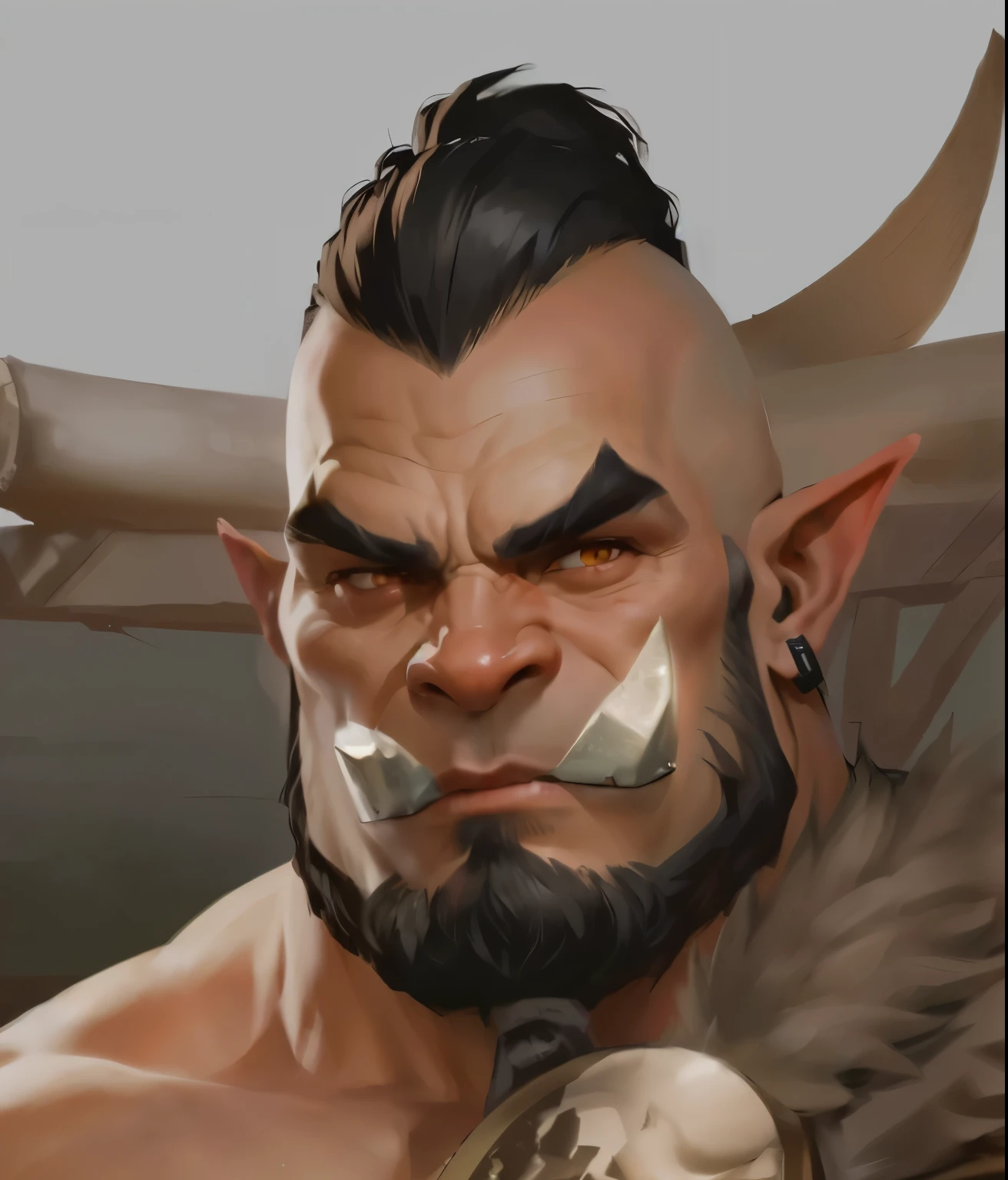 There is one with a beard、Man with horns on his head, portrait of an Orcs, portrait of an Orcs warrior, Berserker Portrait, bald Orcs mechanic, Tauren, half - Orcs, Character Art Close-up, Wlop Rossdraws, The best on wlop, Grog Stromger, Orcs themed, Orcs, Inspired by WLOP, dnd portrait, an Orcs