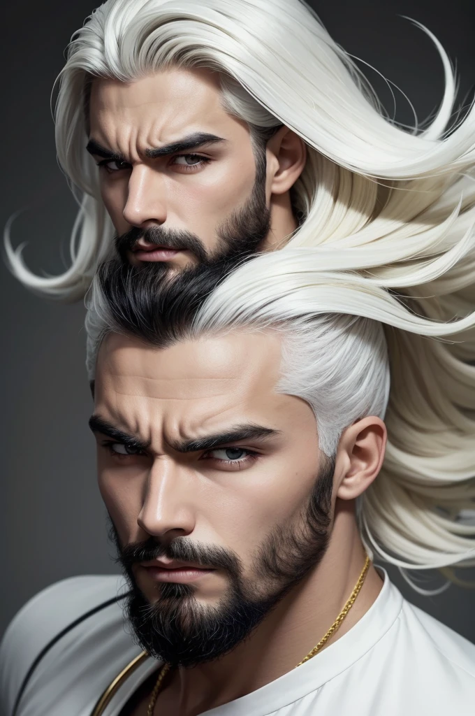 Personagem masculino Cabelo branco com amarelo,Terno branco com preto, Olhos dourado, angry expression