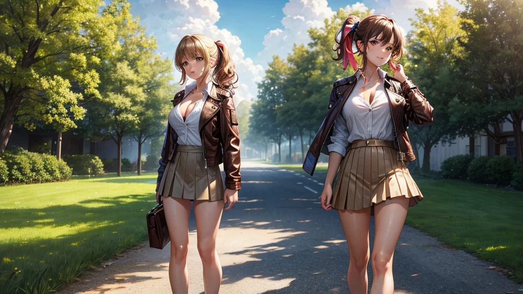 1girl, ((full body)), solo, summer, village, trees, sun, clouds, ((colorful hair)), curly hair, ponytail, large full breasts, ((brown leather jacket)), button down shirt, ((white shirt)), ((short sleeved shirt)), ((unbuttoned shirt)), unbuttoning buttons, cleavage 1:3, brown eyes, skirt, smile, looking at the viewer, standing, hair ribbon, golden necklate