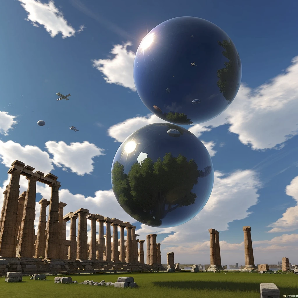 3d Art from 90s.A mirrored sphere exists in the center of the screen. Many airships are flying in the sky. There are Greek ruins.