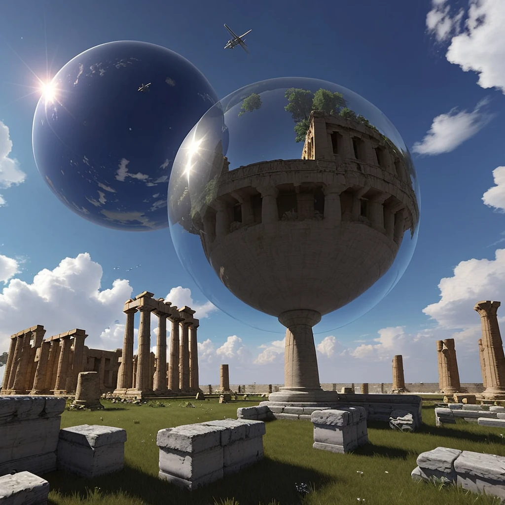 3d Art from 90s.A mirrored sphere exists in the center of the screen. Many airships are flying in the sky. There are Greek ruins.
