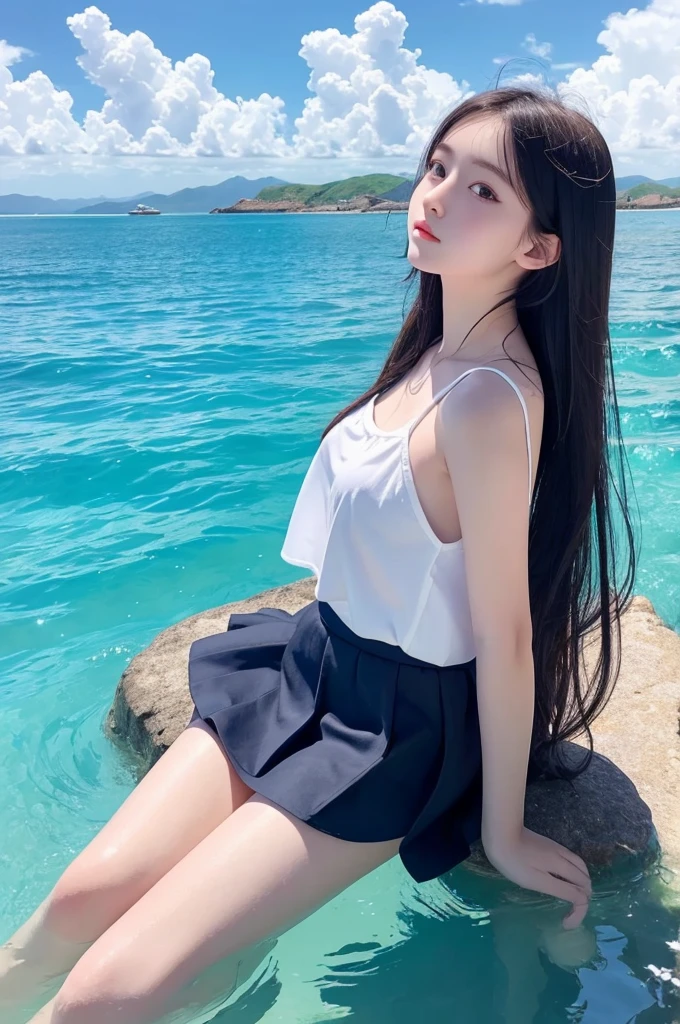 Illustrated style、Girl under the blue sky、18-year-old、Blue sky reflected in the sea、refreshing、White long-haired girl、Back view、White top、Black Skirt、barefoot、Skirts above the knee、Pale skin