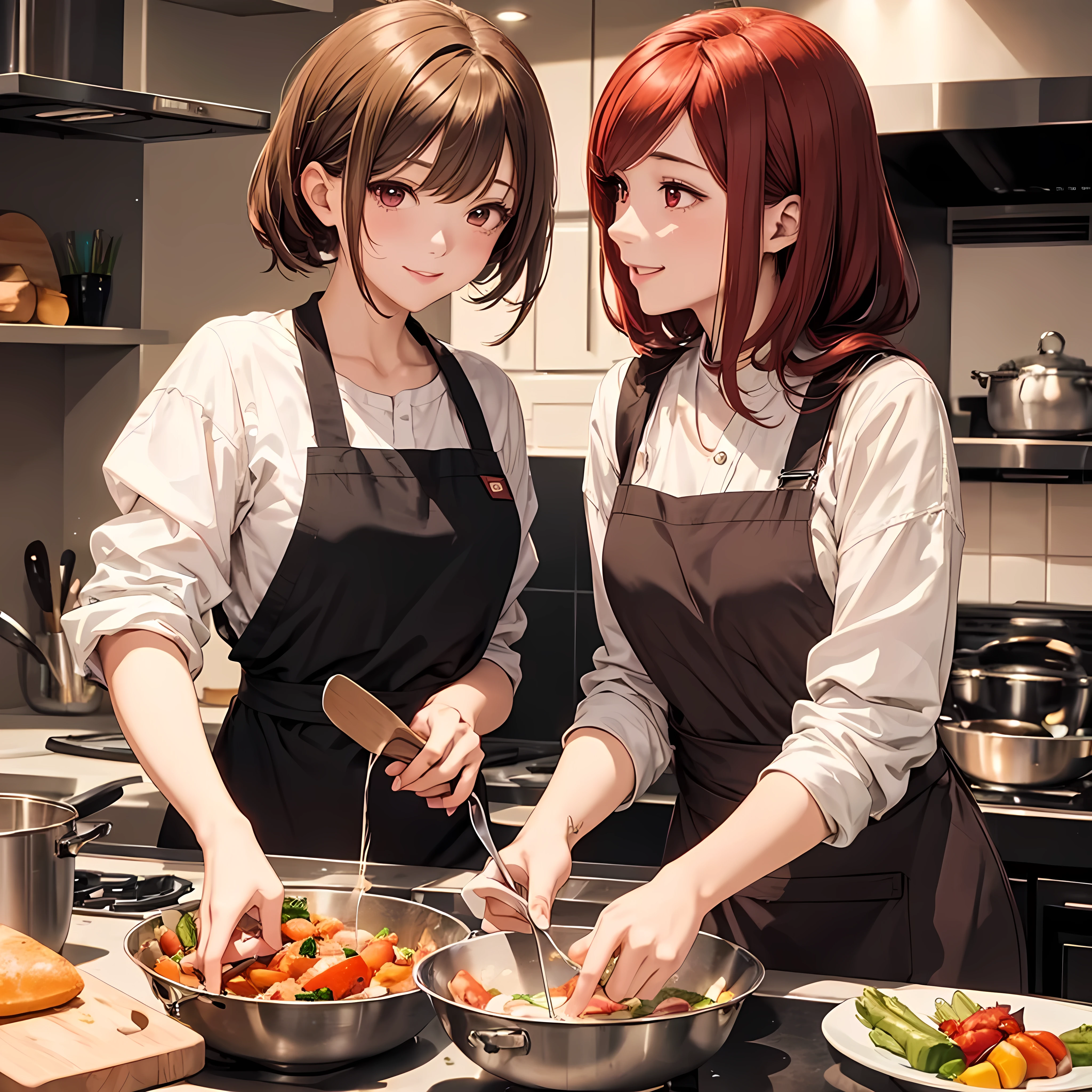 Two beautiful young women, Anime Style, Detailed face, Redhead, Red eyes, Delicate features, Soft lighting, Wear casual clothes and an apron, Cooking dinner together in a modern kitchen, Person cutting vegetables, The other one is stirring the pot., Warm and cozy kitchen lighting, Relaxed and happy look, Dynamic pose, Japanese Anime Style, high quality, Very detailed, 8K resolution, Cinema Lighting, 最high quality, Vibrant colors, Instagrammable, beautiful, trend