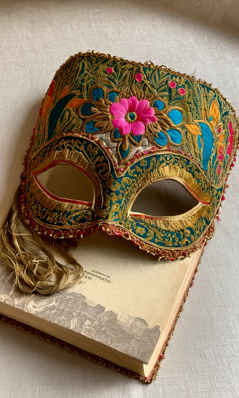 Book with bookmark and cotton eye mask, cotton eye mask with ornate and detailed patchwork fabric, intricate textiles, intricate artwork, neon eyes, eye masks, wonderfully detailed eyes, masquerade masks, exquisitely detailed Orissa eye masks, vintage, Russian style,,Old cloth,Lots of decorative grass