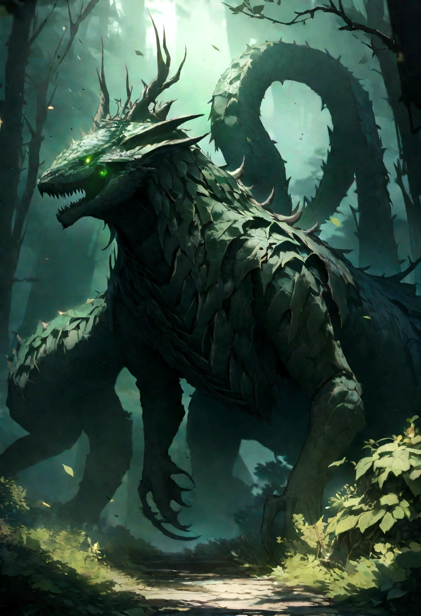 Pictures of living creatures, monster, Magicファンタジーの森, Digital Art, most wonderful artwork in the world, ((No humans)),Volumetric Light, Soft and balanced colours, Forest Scenery, Grapevine, Ultra-high resolution, 8k octane rendered, Magic, wonderful, Mysterious, complicated, complicated design, Ultra Sharp, Shadow, Cool colors, Trending on CGSociety, Glowing Eyes, ((Highest quality)), ((masterpiece)), (detailed), A giant lizard-like body covered in dark green scales,It has seven sharp, thorn-like horns on its head.,The body length is about 6 meters、Weight: about 700 kilograms,