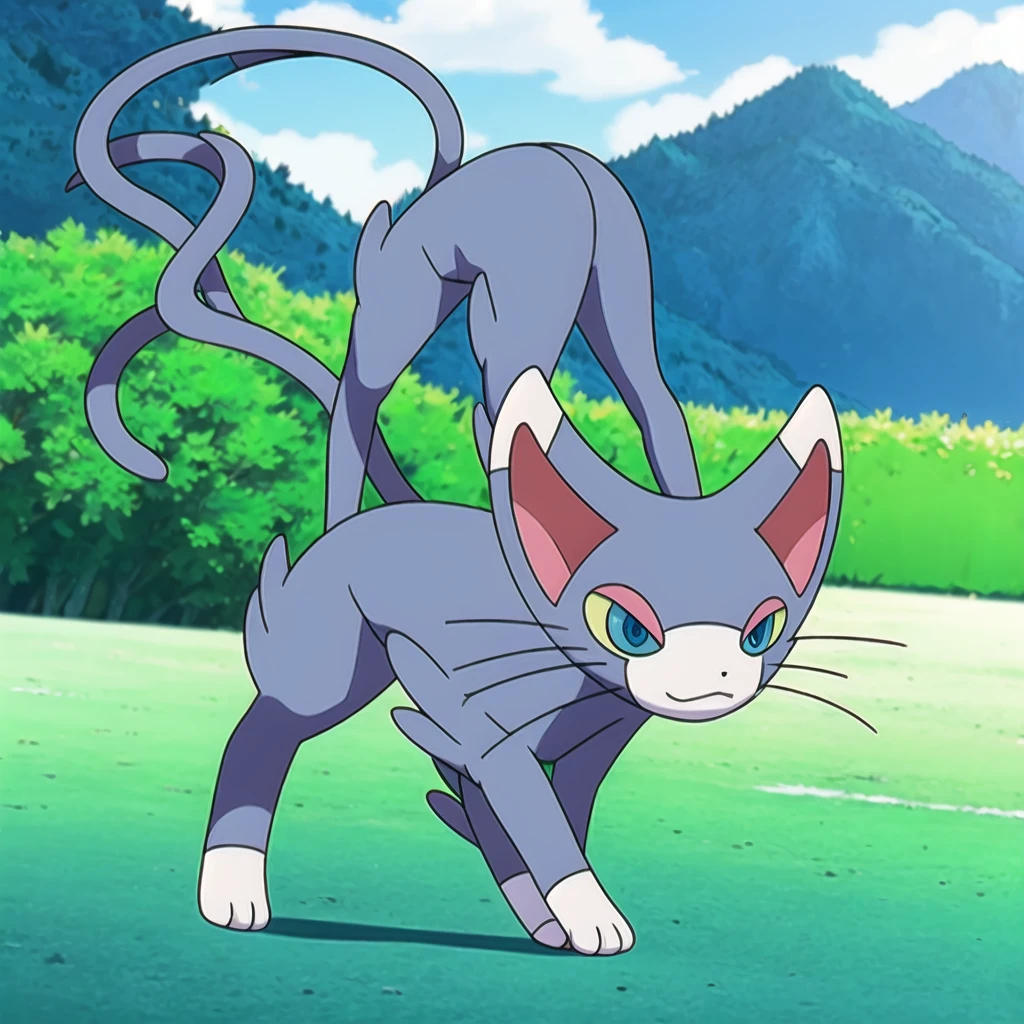 (masterpiece, best quality:1.2),solo,glameow \(pokemon\),pokemon \(creature\),full body,no humans,cat,blue eyes,grey fur,tail,city background