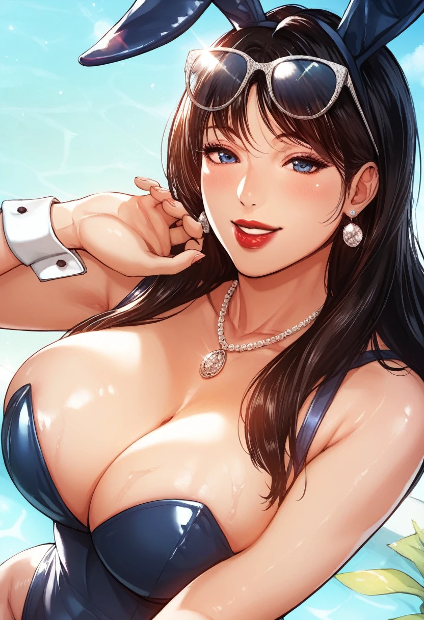 Hot sexy beautiful milf mom holding her breasts in hands , cleavage,mature body, detailed lips  ,black blunt hair,blue eyes,white sun glasses on head, detailed ,silver long  cuff earrings , alluring face, smiling, necklace , red lipstick, big ass,bunny dress