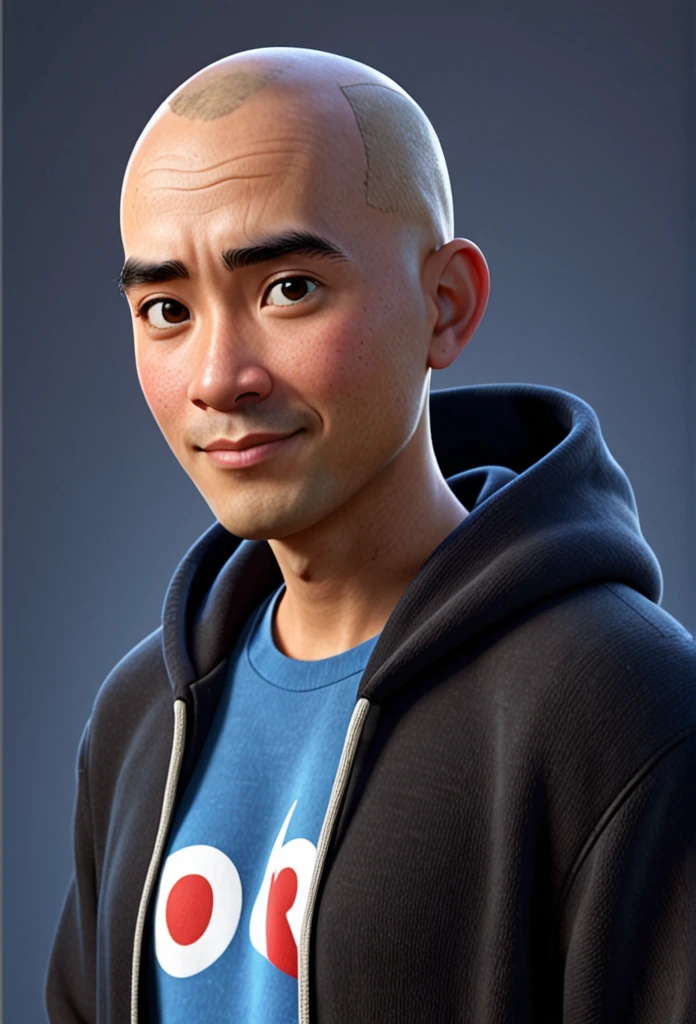 A Indonesian man, wearing black hoodie and blue jeans, slippers, hair style is bald, character headshot portrait, 8k portrait rendering, disney rendering, personagem de perto, retrato de personagem em close, Personagem 3D realistic, personagem estilizado, como um personagem da Pixar, personagem altamente detalhado, Personagem 3D, personagem 3d, estilo de personagem da Disney, close do retrato do personagem, personagem masculino.
