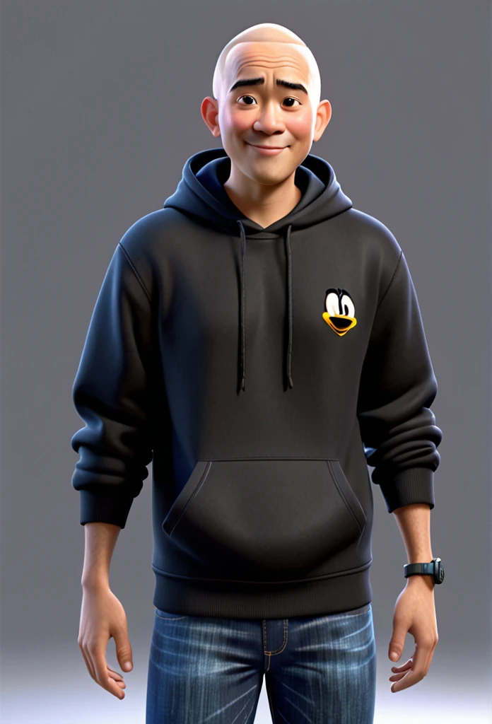 A Indonesian man, wearing black hoodie and blue jeans, slippers, hair style is bald, character headshot portrait, 8k portrait rendering, disney rendering, personagem de perto, retrato de personagem em close, Personagem 3D realistic, personagem estilizado, como um personagem da Pixar, personagem altamente detalhado, Personagem 3D, personagem 3d, estilo de personagem da Disney, close do retrato do personagem, personagem masculino.