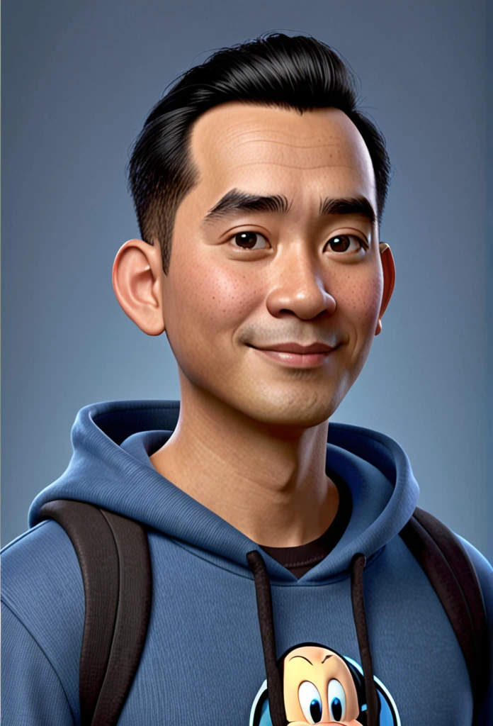 A Indonesian man, wearing black hoodie and blue jeans, slippers, hair style is bald, character headshot portrait, 8k portrait rendering, disney rendering, personagem de perto, retrato de personagem em close, Personagem 3D realistic, personagem estilizado, como um personagem da Pixar, personagem altamente detalhado, Personagem 3D, personagem 3d, estilo de personagem da Disney, close do retrato do personagem, personagem masculino.