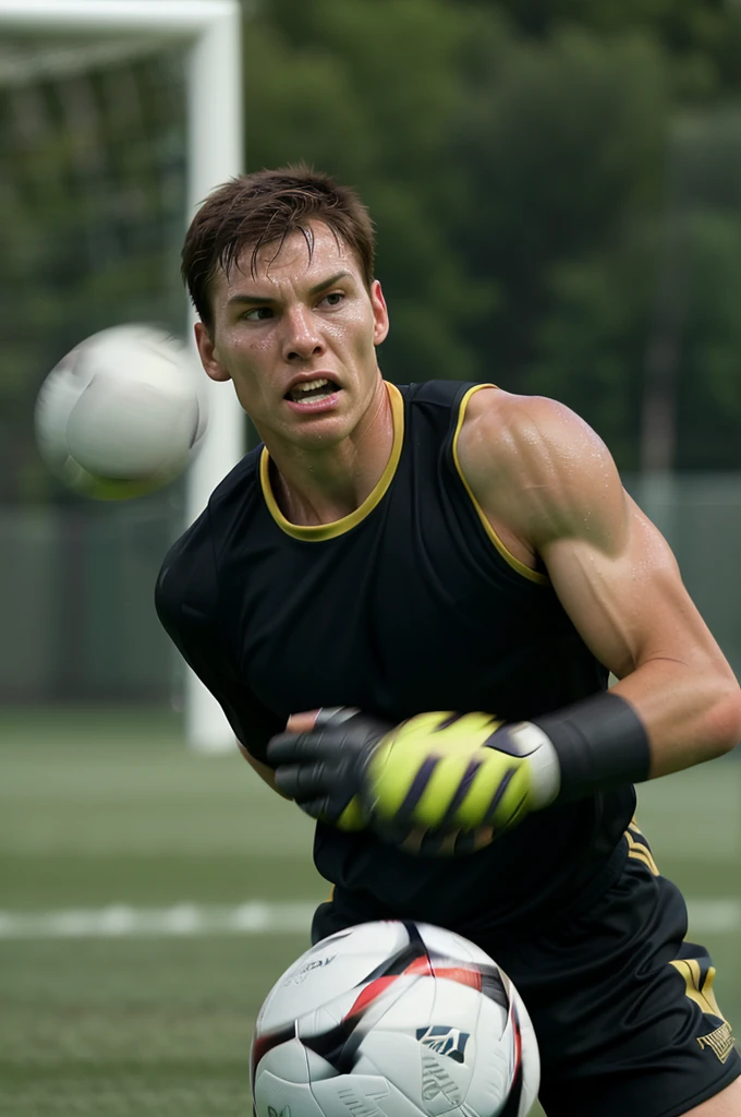 (Best quality, Ultra high-definition, Golden ratio, Masterpiece: 1.1), Dramatic sports photography: 0.9, Close-up shot of a man's face, intense focus, (tall and muscular: 1.2), Sweat-drenched soccer goalkeeper, (young and fearless: 1.3), Precise facial details, strong jawline, determined eyes, clenched teeth, protective gloves, protective headgear, focused on the ball, anticipating the kick, (quick reflexes: 1.2), Dynamic motion blur, shallow depth of field, highlighting the goalkeeper, FIFA-grade soccer field, (