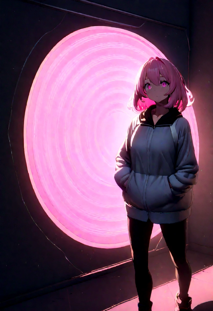 a girl blowing a big bubblegum with both of her hand in her pocket , (hands in pocket:1.4),  (big bubblegum:1.4), (Shibuya:1.4), (night lights:1.4), (Thick Body:1.4), (Long pink Hair:1.4), Pink Eyes, HDR (High Dynamic Range), Ray Tracing, NVIDIA RTX, Super-Resolution, Unreal 5, Subsurface Scattering, PBR Texturing, Post-Processing, Anisotropic Filtering, Depth-Of-Field ,Maximum Clarity And Sharpness, Multi-Layered Textures, Albedo And Specular Maps, Surface Shading, Accurate Simulation Of Light-Material Interaction, Octane Render, Two-Tone Lighting, Low ISO, White Balance, Rule Of Thirds, Wide Aperture, 8K RAW, Efficient Sub-Pixel, Sub-Pixel Convolution, (Luminescent Particles:1.4), {{Masterpiece, Best Quality,   Lens Flare}},  
