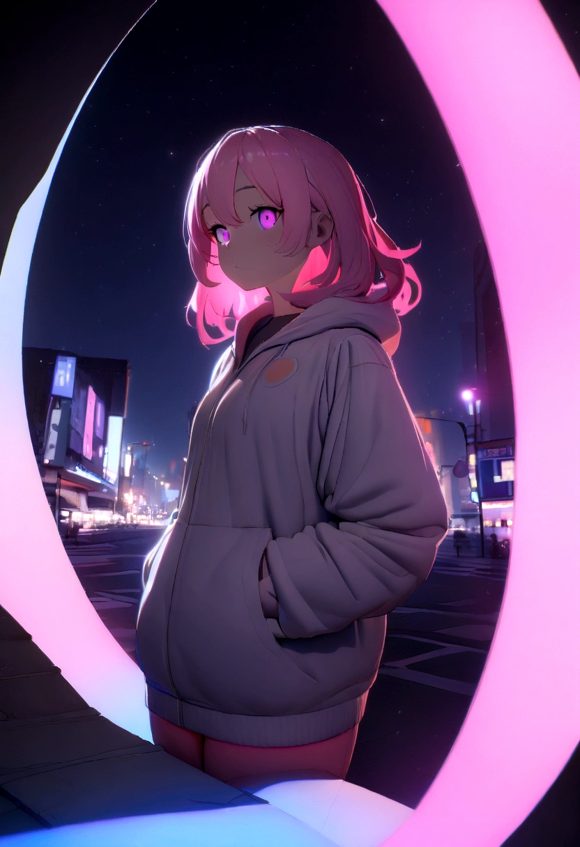 a girl blowing a big bubblegum with both of her hand in her pocket , (hands in pocket:1.4), (big bubblegum:1.4), (Shibuya:1.4), (night lights:1.4), (Thick Body:1.4), (Long pink Hair:1.4), Pink Eyes, HDR (High Dynamic Range), Ray Tracing, NVIDIA RTX, Super-Resolution, Unreal 5, Subsurface Scattering, PBR Texturing, Post-Processing, Anisotropic Filtering, Depth-Of-Field ,Maximum Clarity And Sharpness, Multi-Layered Textures, Albedo And Specular Maps, Surface Shading, Accurate Simulation Of Light-Material Interaction, Octane Render, Two-Tone Lighting, Low ISO, White Balance, Rule Of Thirds, Wide Aperture, 8K RAW, Efficient Sub-Pixel, Sub-Pixel Convolution, (Luminescent Particles:1.4), {{Masterpiece, Best Quality, Lens Flare}},