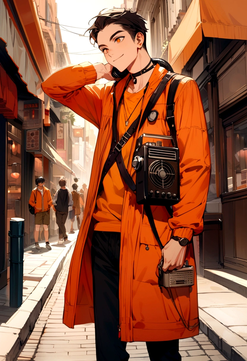 A full body image of a youth guy wearing an orange jacket and short trousers, holding a radio on his neck and a little smile on the streets