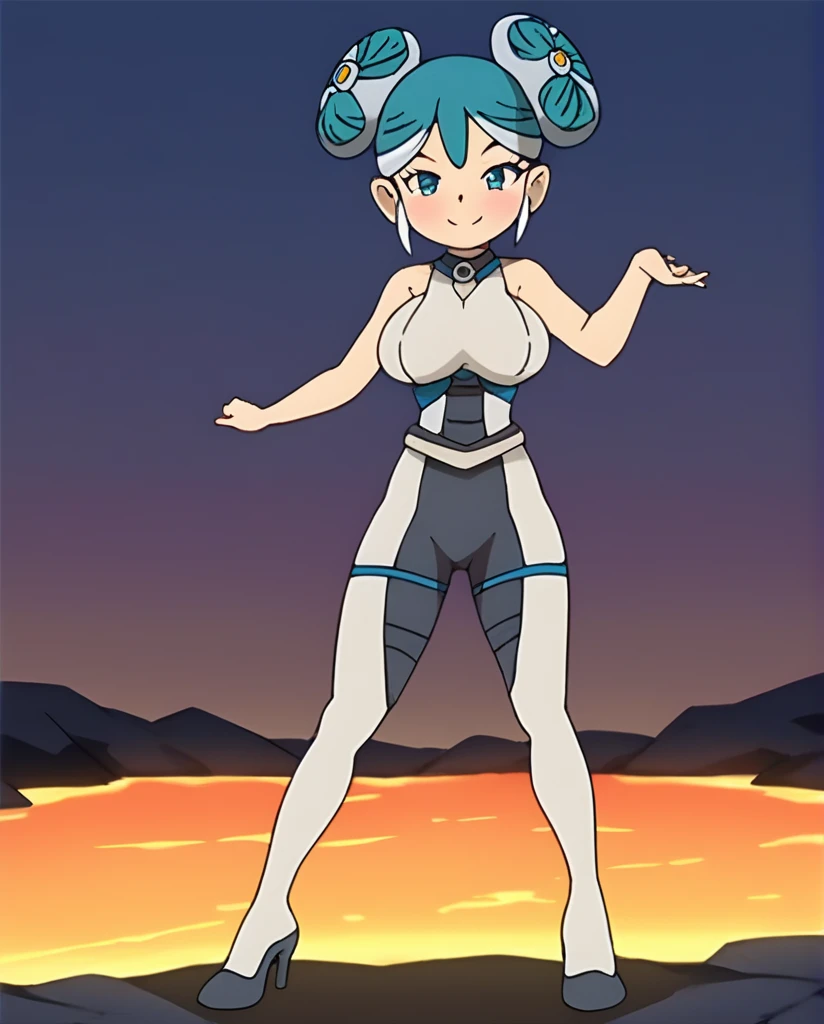 best quality,ultra detailed,looking at viewer,solo,1girl,score_9, score_8_up, score_7_up, score_6_up, score_5_up, score_4_up, source_anime, maquia, two-tone hair, aqua hair, aqua eyes,white bodysuit,looking at viewer, smile,big breasts, standing sexy pose, (front view,portrait),full body, standing on lava,heavenly ass, heavenly breasts, big ass, no shoes, wearing white heels, upset, long legs