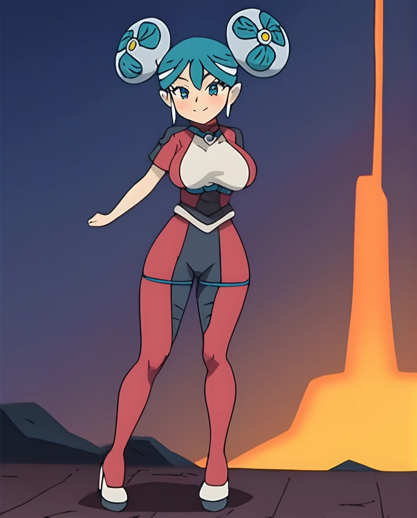 best quality,ultra detailed,looking at viewer,solo,1girl,score_9, score_8_up, score_7_up, score_6_up, score_5_up, score_4_up, source_anime, maquia, two-tone hair, aqua hair, aqua eyes,white bodysuit,looking at viewer, smile,big breasts, standing sexy pose, (front view,portrait),full body, standing on lava,heavenly ass, heavenly breasts, big ass, no shoes, wearing white heels