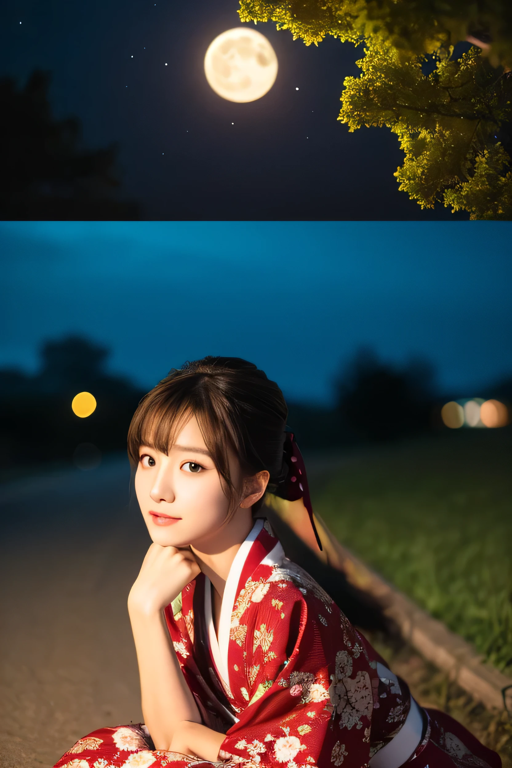 (Photorealistic:1.8, Highest quality:1.8,8K masterpiece:1.8,High resolution,Mastepiece:1.8,RAW Photos,Cinematic lighting)、Crescent moon background shining in the night sky、
Dark Brown Hair、Light brown eyes、D cup size breasts、Long Hair、Updo Style、Updo、Hair Bun、One Girl、A look of deep sadness、(Highly detailed beautiful face)、(A beautiful and cute orchid-style floral mini kimono:1.5、choker)、(Shoulders bare:1.3)、Beautiful fair skin、Sit down、Open your mouth a little、Legs visible through the kimono、Weakness Pose、Obscene pose、Random Pause、Japanese Kimono、barefoot、Black Pink Jenny's pause、Full body tattoo
