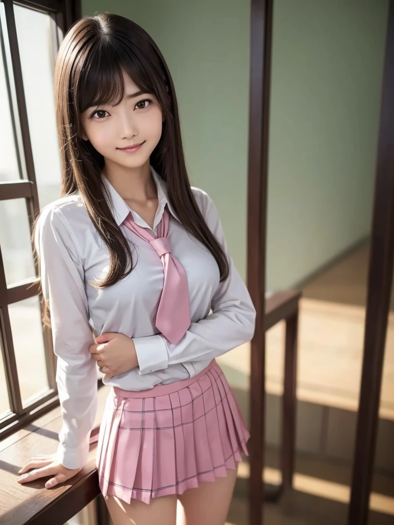 8K, Highest quality, The real picture, Intricate details, Very detailed, Ultra-high resolution, Depth Field,(Realistic,Realistic:1.2),Tabletop , ((Full Body Shot)) , ((Long, slender legs)), 1 girl, eye_Chan, Very beautiful 17 year old girl, innocent big eyes,、Beautiful breasts:1.5、非常に詳細なeye:1.2)、(Beautiful breasts:1.1)、((Brown Hair))、(Semi-long hair), Asymmetrical bangs, Perfect Skin, Fair skin, Small breasts, Tight waist, alone, Staring at the audience, (smile)、((School_uniform), (White shirt、Wear a tie), (Pink checkered pleated micro mini skirt), ((Fold your arms in front of your chest and act arrogantly)), ((楽しそうなsmile)), ((Perfect hand shape)), (Stand in the classroom)