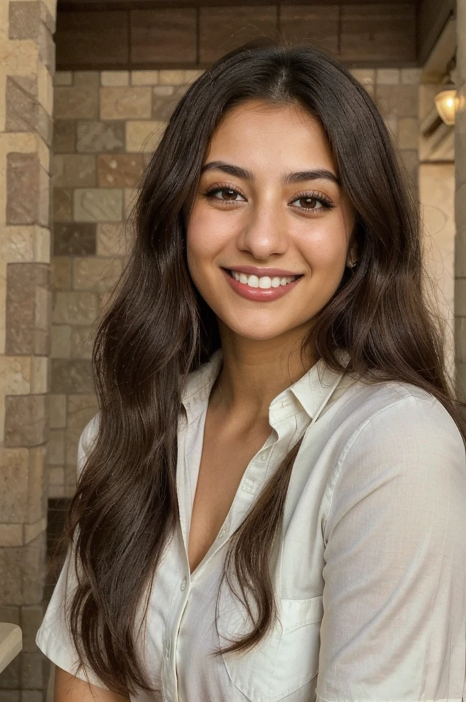 24YO, one attractive Jordanian women, cute smile, white teethes, long dark green shirt, light brown eyes, small nose, black/brown long hair