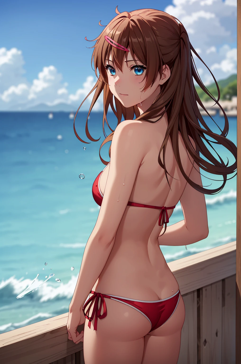 ((masterpiece, Highest quality, High resolution, UHD, Pixel perfect, Depth of written boundary, 4K, rtx, HDR)), 1 Girl, single, alone, 24-years-old, Beautiful Anime Girls, Beautiful art style, anime character, ((Parted bangs, Brown Hair)), (blue eyes、Round eyes, Delicate eyelashes、Beautiful eyelashes, Perfect Eyes), (Detailed face:1.2), (Smooth texture:0.75, Realistic texture:0.65, Realistic:1.2, Cinematic, Anime CG Style), Perfect body, Ocean:1.3、Moderately good breasts:1.7、Red Micro Bikini Swimsuit:1.8、Visible from the thighs:1.9、Wet、Water Drop、Splash、nsfw、visible from below、Seen from behind