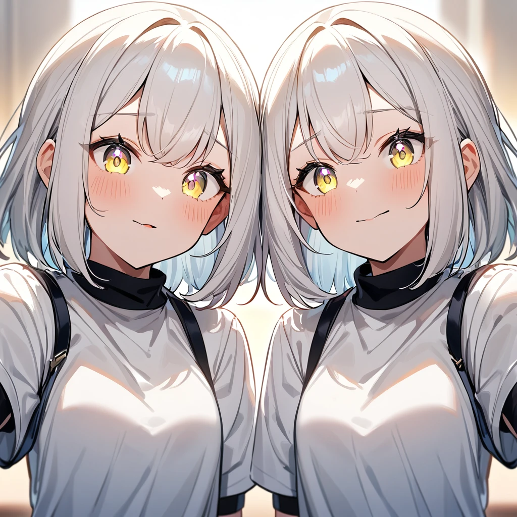 2girls,light hair,Hazy eyes,pov,best quality, very aesthetic, absurdres, absurdres,face,line up,afterglow,White hair