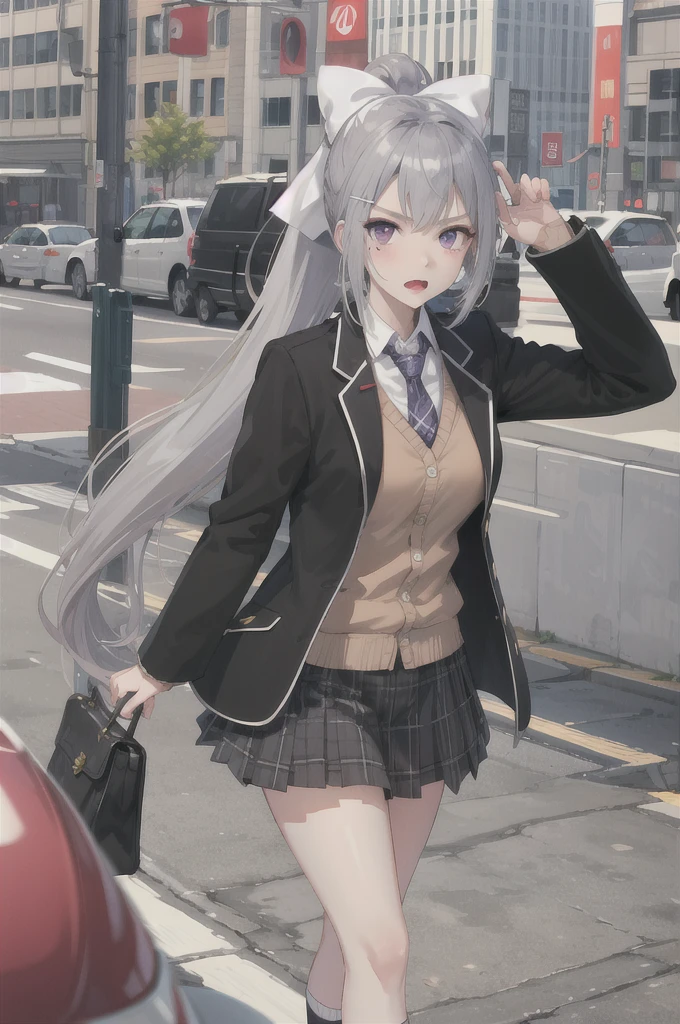 masterpiece, Highest quality, High resolution, higuchi kaede, One girl, Virtual YouTuber, alone, Long Hair, Mole under the eye, skirt, tie, Jacket, Purple eyes, socks, ponytail, hair ornaments, white bow, hair bow, bow, blazer, very Long Hair, purple tie, pleated skirt, white socks, Hair Clip, Open clothes, cardigan, , Knee-high, Grey Hair, black Jacket, shirt, collared shirt, Plaid, open Jacket, bangs, Plaid skirt, miniskirt, tachi-e, white shirt,Black Bra, Long sleeve,grey skirt, 凄く短いskirt,Too big breasts, chest emphasis,Tight clothes,Plaid tie, Are standing, Cowboy Shot, Angry face,