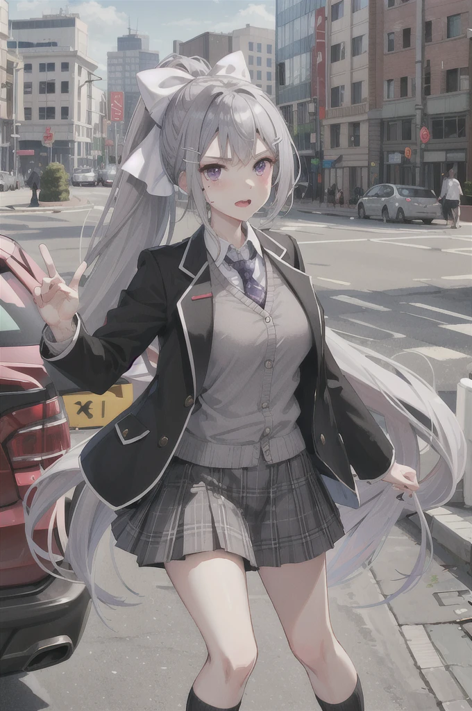 masterpiece, Highest quality, High resolution, higuchi kaede, One girl, Virtual YouTuber, alone, Long Hair, Mole under the eye, skirt, tie, Jacket, Purple eyes, socks, ponytail, hair ornaments, white bow, hair bow, bow, blazer, very Long Hair, purple tie, pleated skirt, white socks, Hair Clip, Open clothes, cardigan, , Knee-high, Grey Hair, black Jacket, shirt, collared shirt, Plaid, open Jacket, bangs, Plaid skirt, miniskirt, tachi-e, white shirt,Black Bra, Long sleeve,grey skirt, 凄く短いskirt,Too big breasts, chest emphasis,Tight clothes,Plaid tie, Are standing, Cowboy Shot, Angry face,