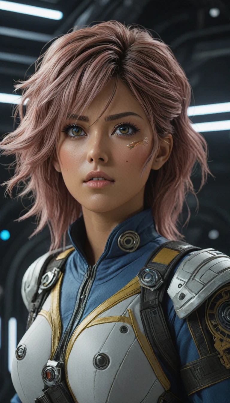 A beautiful highly detailed anime-style female space pirate, with a modern eye patch and disheveled hair falling over one eye, wearing intricate space fantasy clothing, in an immersive space battle station background, (best quality,4k,8k,highres,masterpiece:1.2),ultra-detailed,(realistic,photorealistic,photo-realistic:1.37),extremely detailed face and eyes, detailed intricate clothing, medium breasts, volumetric lighting, cinematic lighting, vivid colors,dramatic shadows, dynamic composition, Cinematic Shot