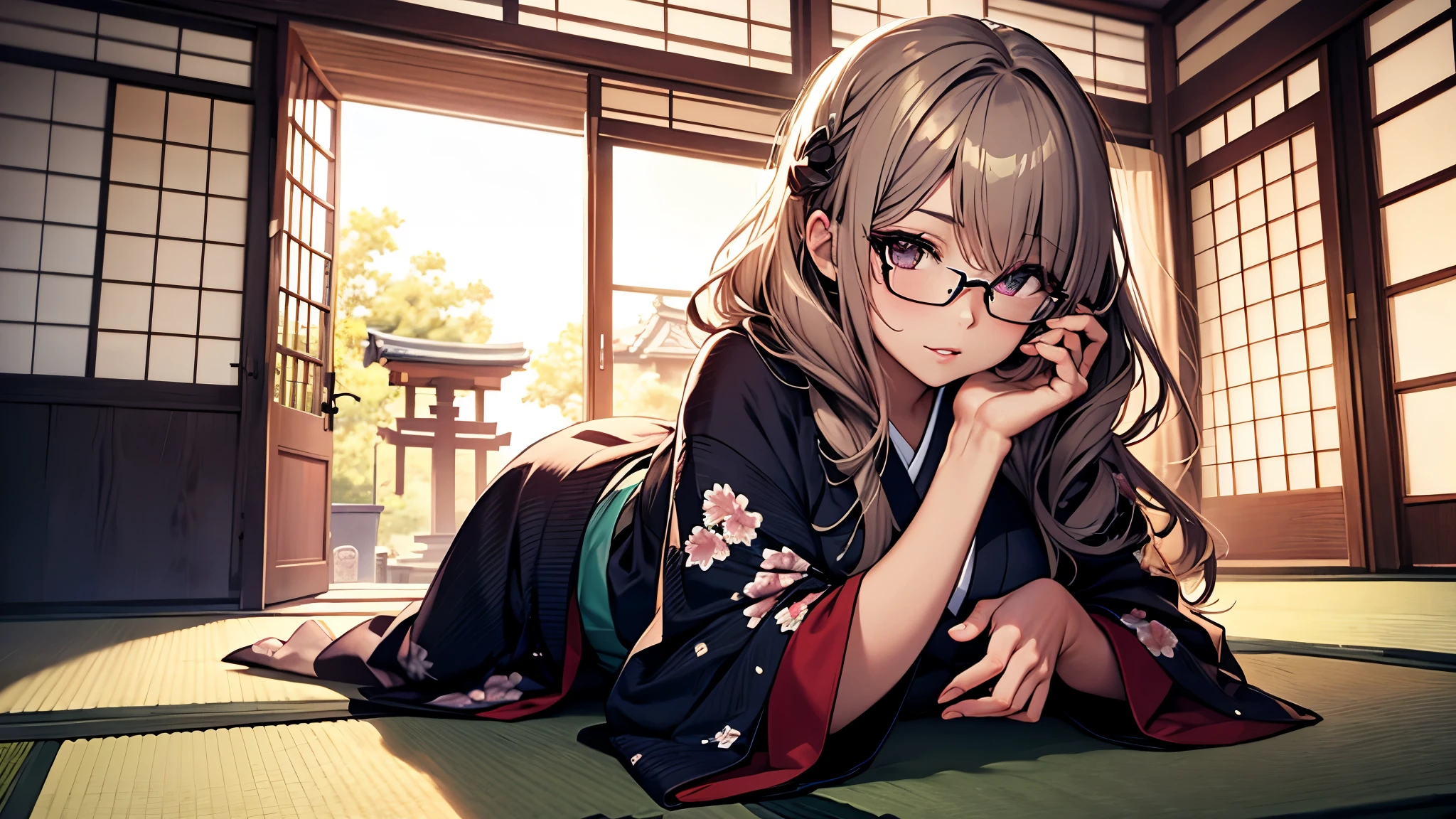 (1girl:1.3), Masterpiece, Best quality, amazing beauty, [[3D]], 4K, absurdres, finely detail, super detailed eye, perfect ???????, official art, cinematic lighting, BREAK, (Japanese-style room, tatami, futon
,mattress, pillow:1.3), silky long hair, parted bang, gold hair, super shiny detailed black eye, big eyes, sparkle(in the eyes), thick eyebrow, close-mouth, plump lips, Mascara, False eyelashes, red lips, hairpin, Looks like fun, BREAK , huge breasts, tall, medium, wheat skin, , BREAK , traditional Japanese setting, young woman in a colorful kimono, She is lying face down on the futon, She put her hands on her knees, gazing at the scenic view, serene atmosphere, natural lighting, high detail, BREAK,(kimono:1.3),glasses 